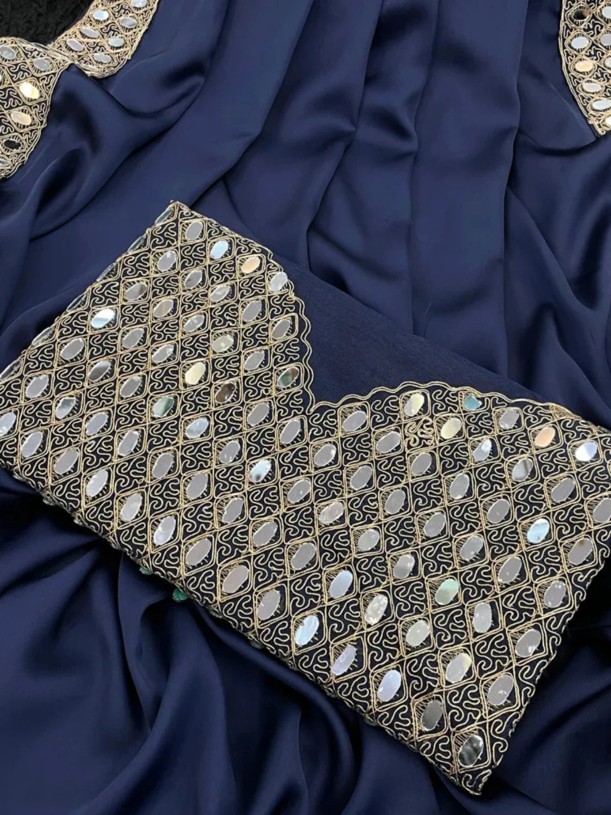 Rakul Inspired Satin Dark Blue Saree With Embroidery Lace