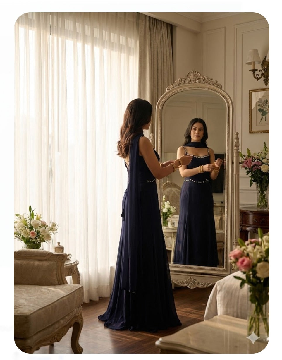 Pearl-Detail Navy Blue Evening Gown
