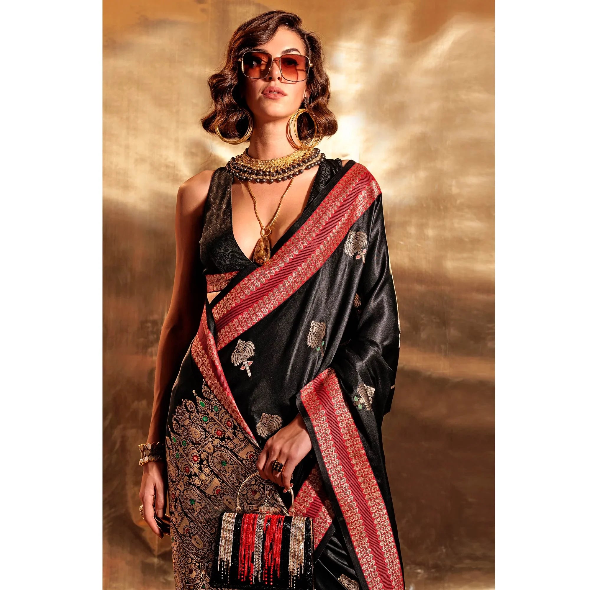 Black Banarasi Pure Satin Handloom Weaving Saree
