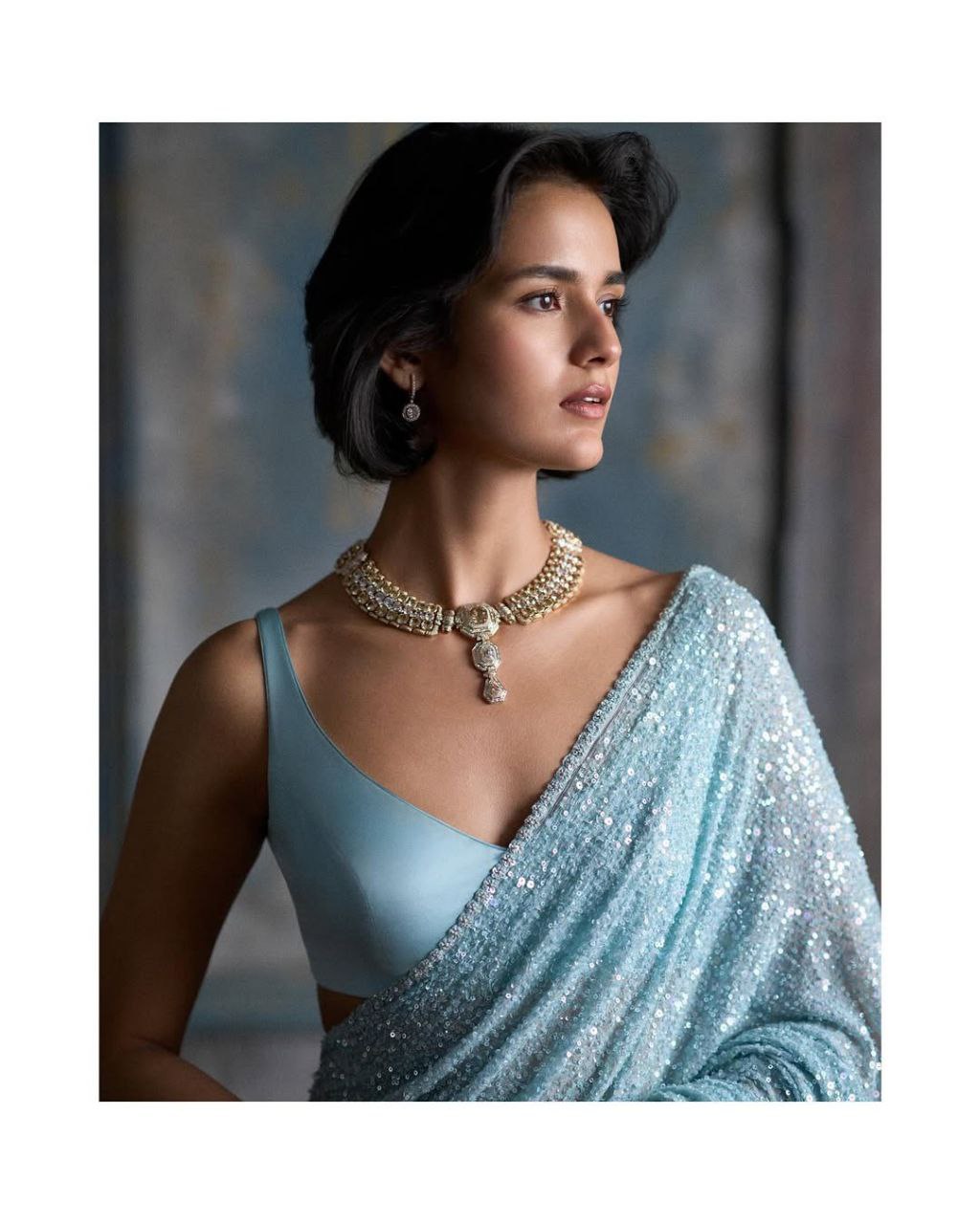Bollywood Inspired Sky Blue Sequin Saree with Border Detailing