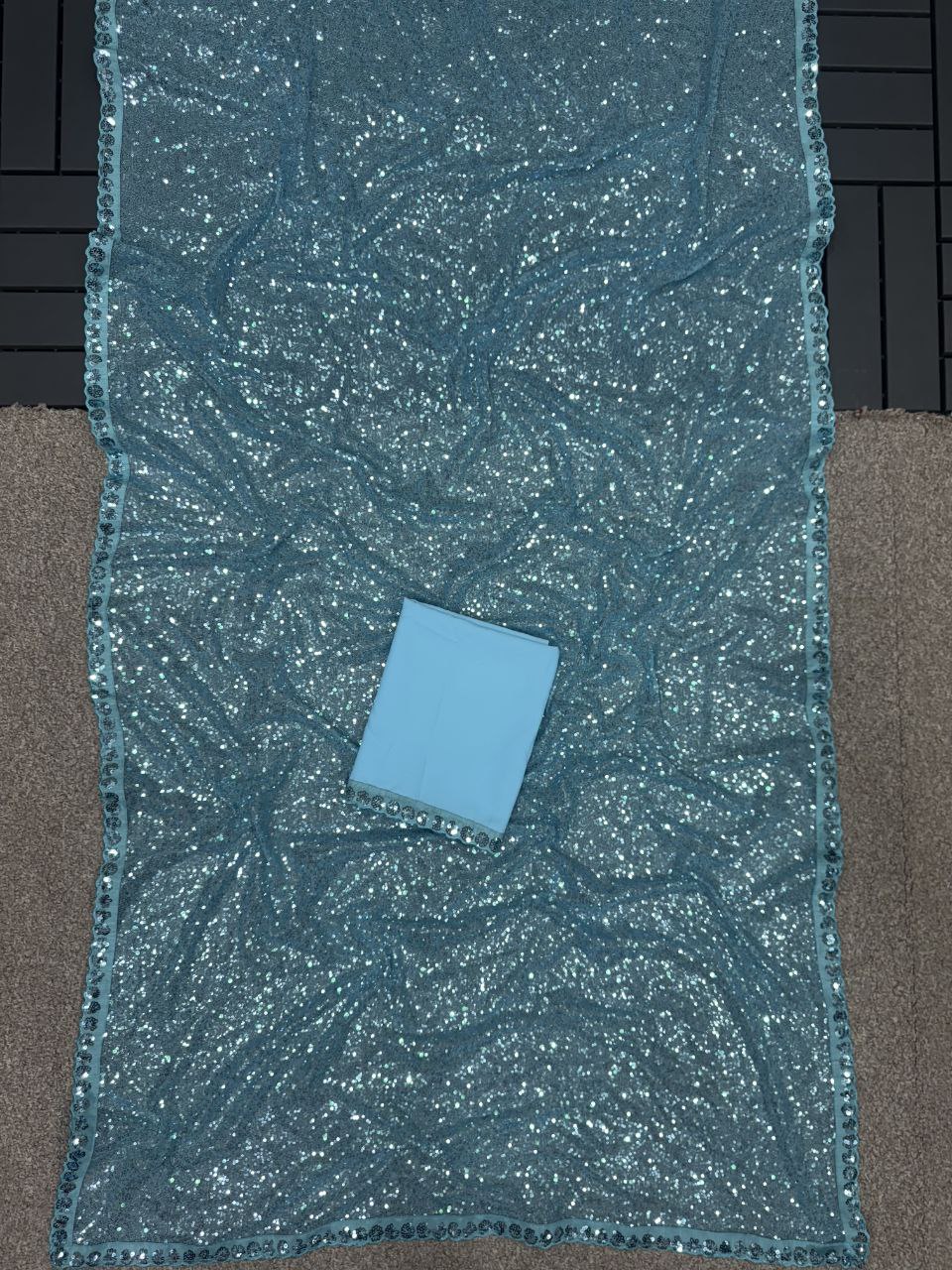 Bollywood Inspired Sky Blue Sequin Saree with Border Detailing