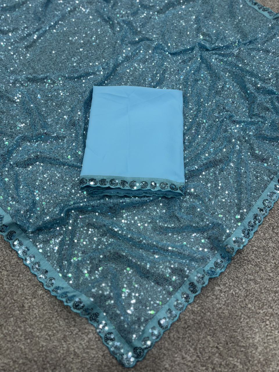 Bollywood Inspired Sky Blue Sequin Saree with Border Detailing