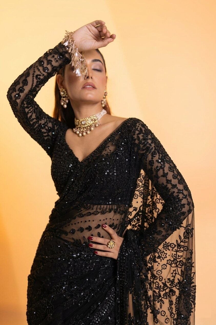 Bollywood Faux Georgette Full Sequins Black Saree