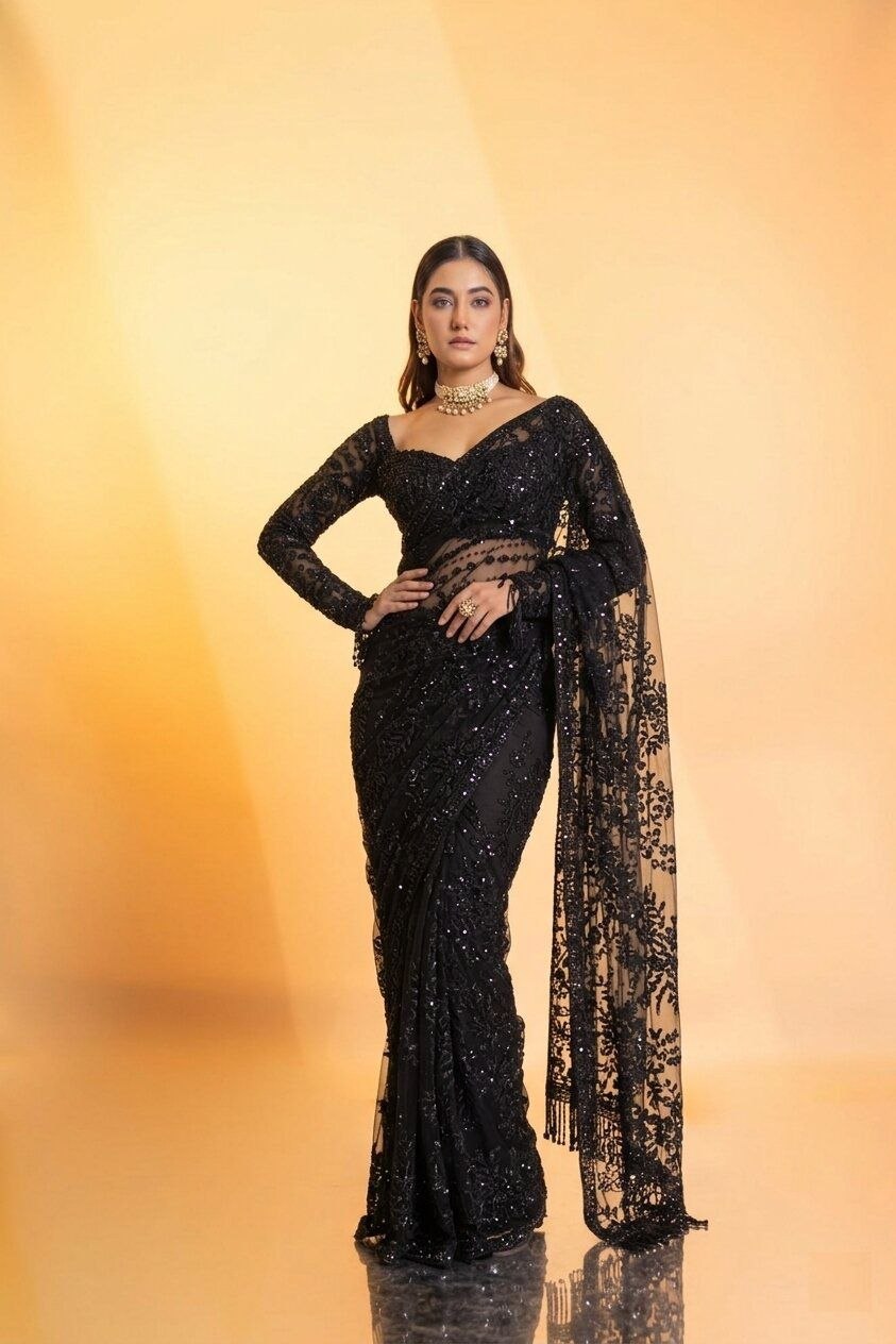 Bollywood Faux Georgette Full Sequins Black Saree