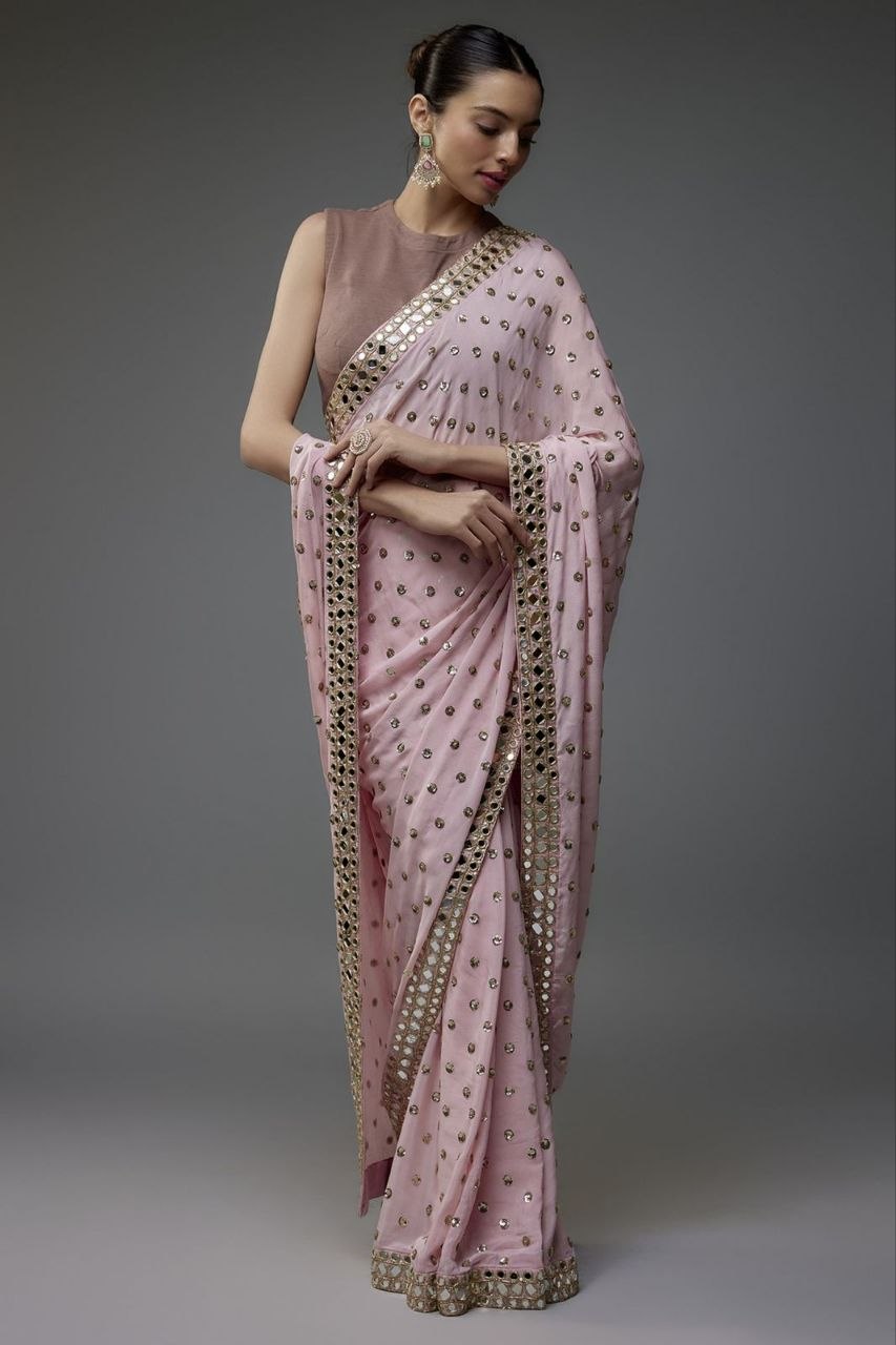 Bollywood Inspired Sequins Designer Pink Net Saree