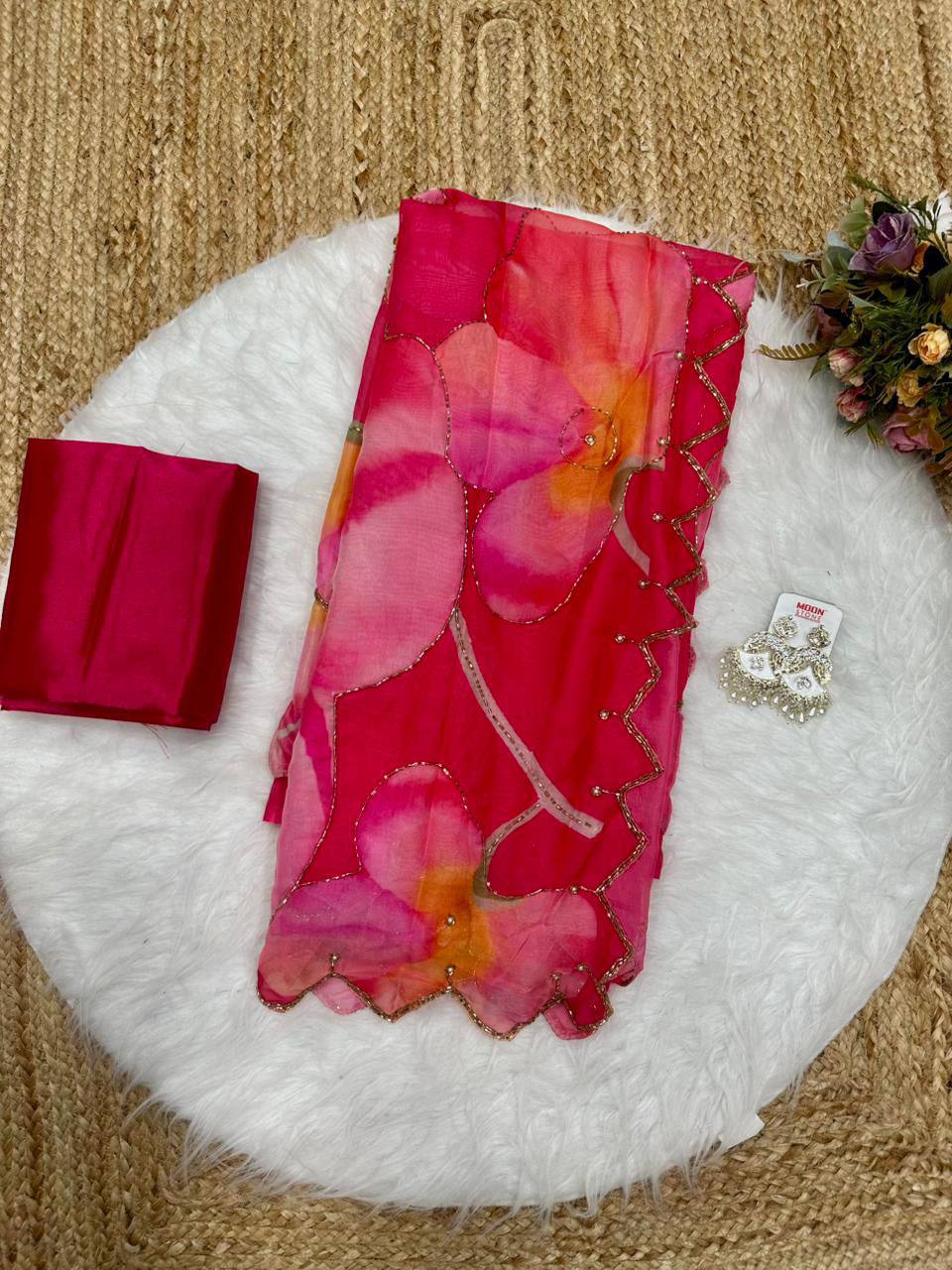 Bollywood Inspired Digital Printed Pink Tebi Silk Saree
