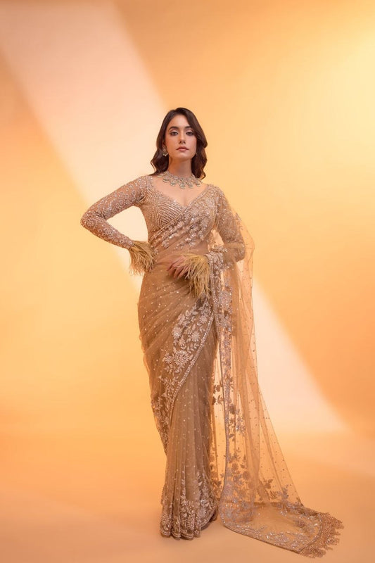 Bollywood Faux Georgette Full Sequins Golden Saree