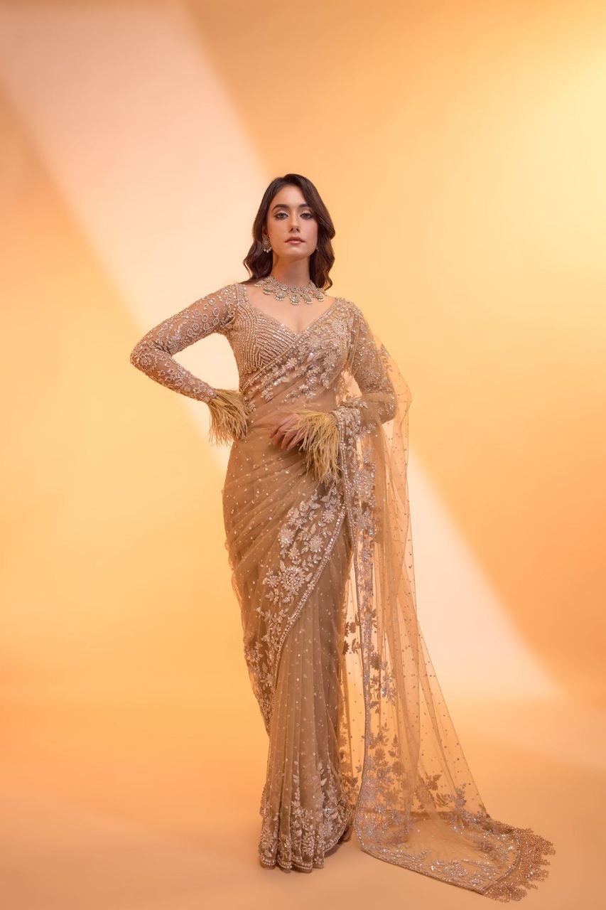 Bollywood Faux Georgette Full Sequins Golden Saree