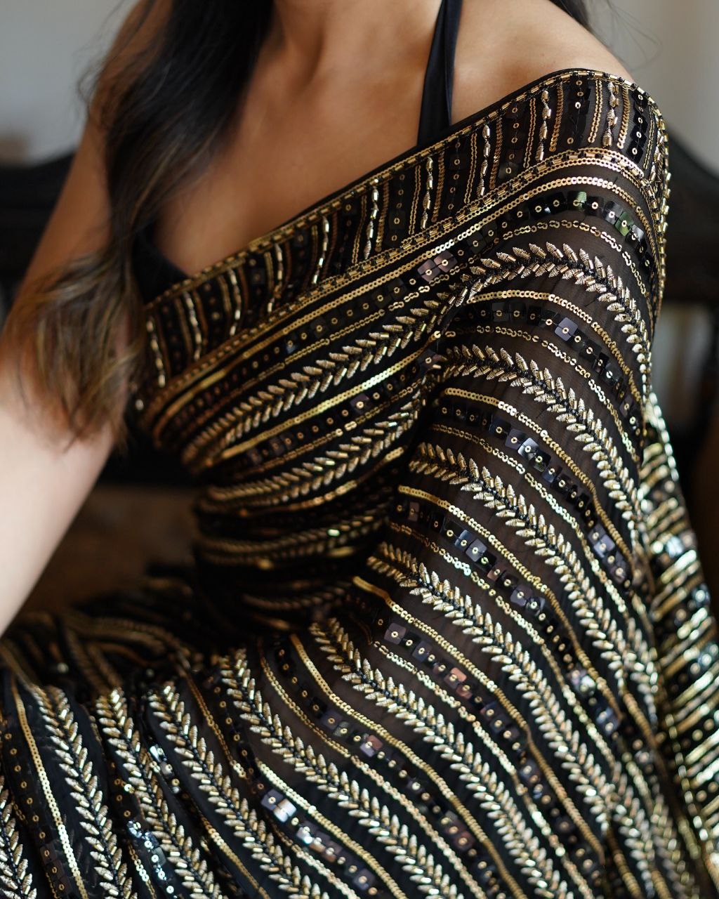 Bollywood Inspired Black Saree with Silver and Gold Sequin Work