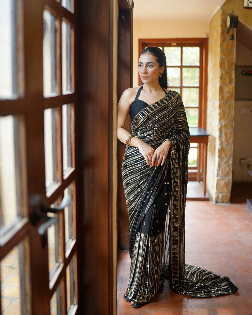 Bollywood Inspired Black Saree with Silver and Gold Sequin Work