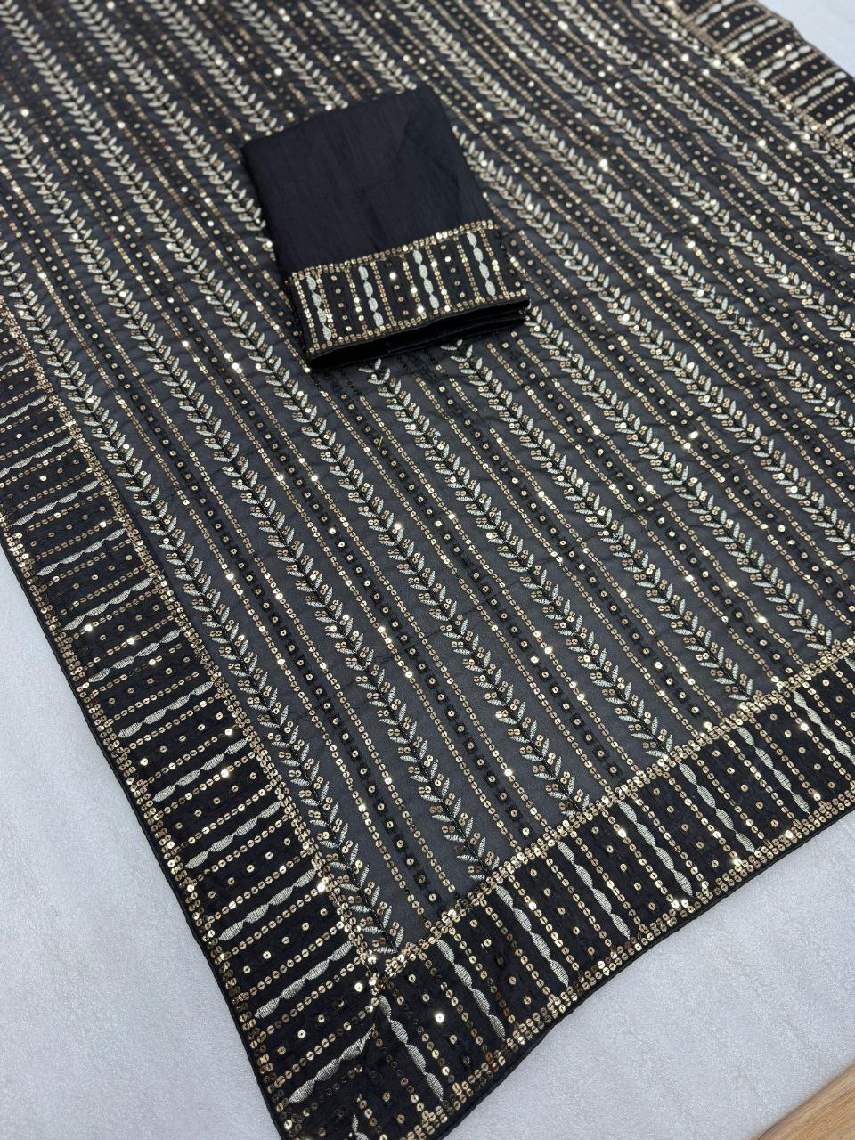 Bollywood Inspired Black Saree with Silver and Gold Sequin Work