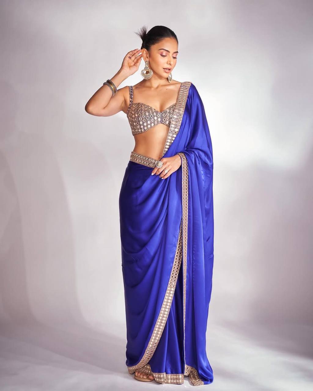 Rakul Inspired Satin Dark Blue Saree With Embroidery Lace