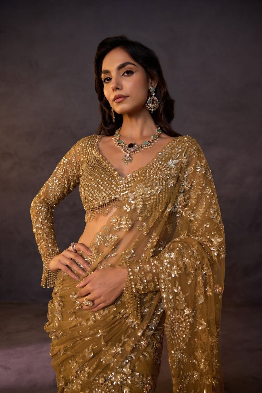 Bollywood Faux Georgette Full Sequins Yellow Saree