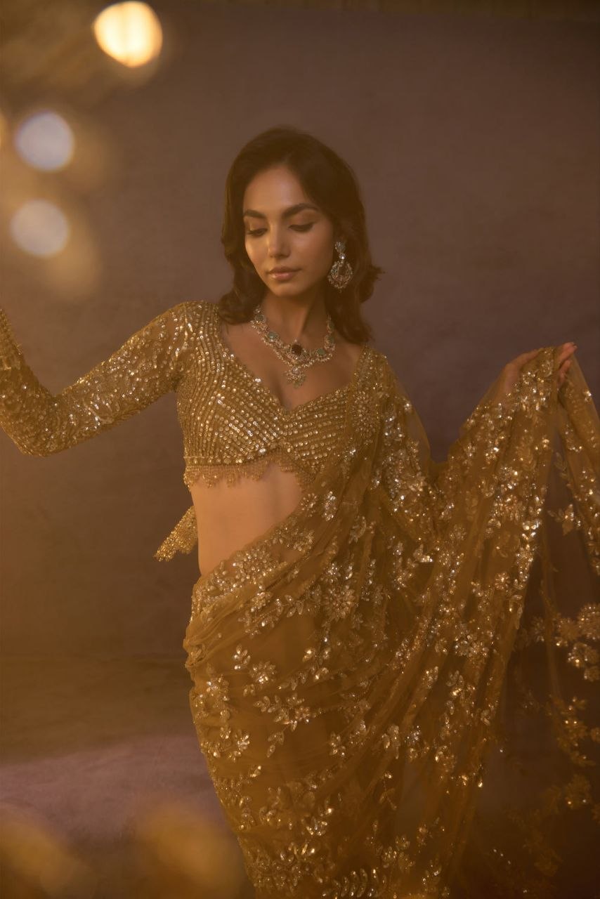 Bollywood Faux Georgette Full Sequins Yellow Saree