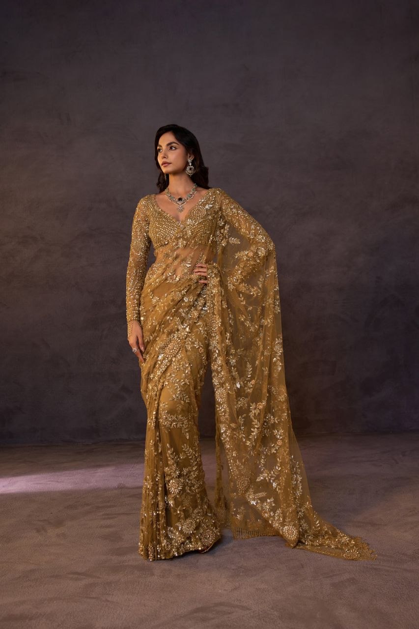 Bollywood Faux Georgette Full Sequins Yellow Saree