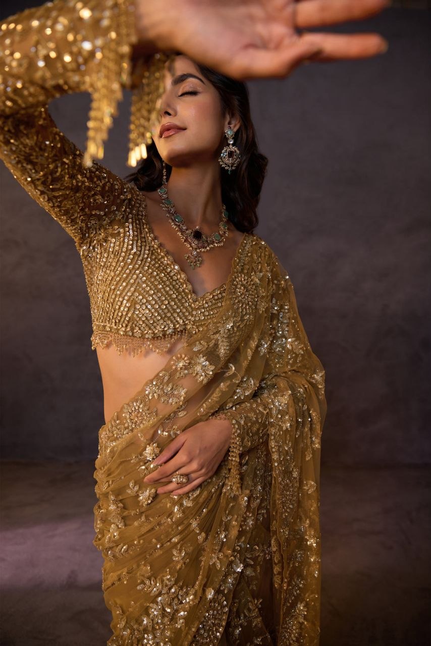 Bollywood Faux Georgette Full Sequins Yellow Saree