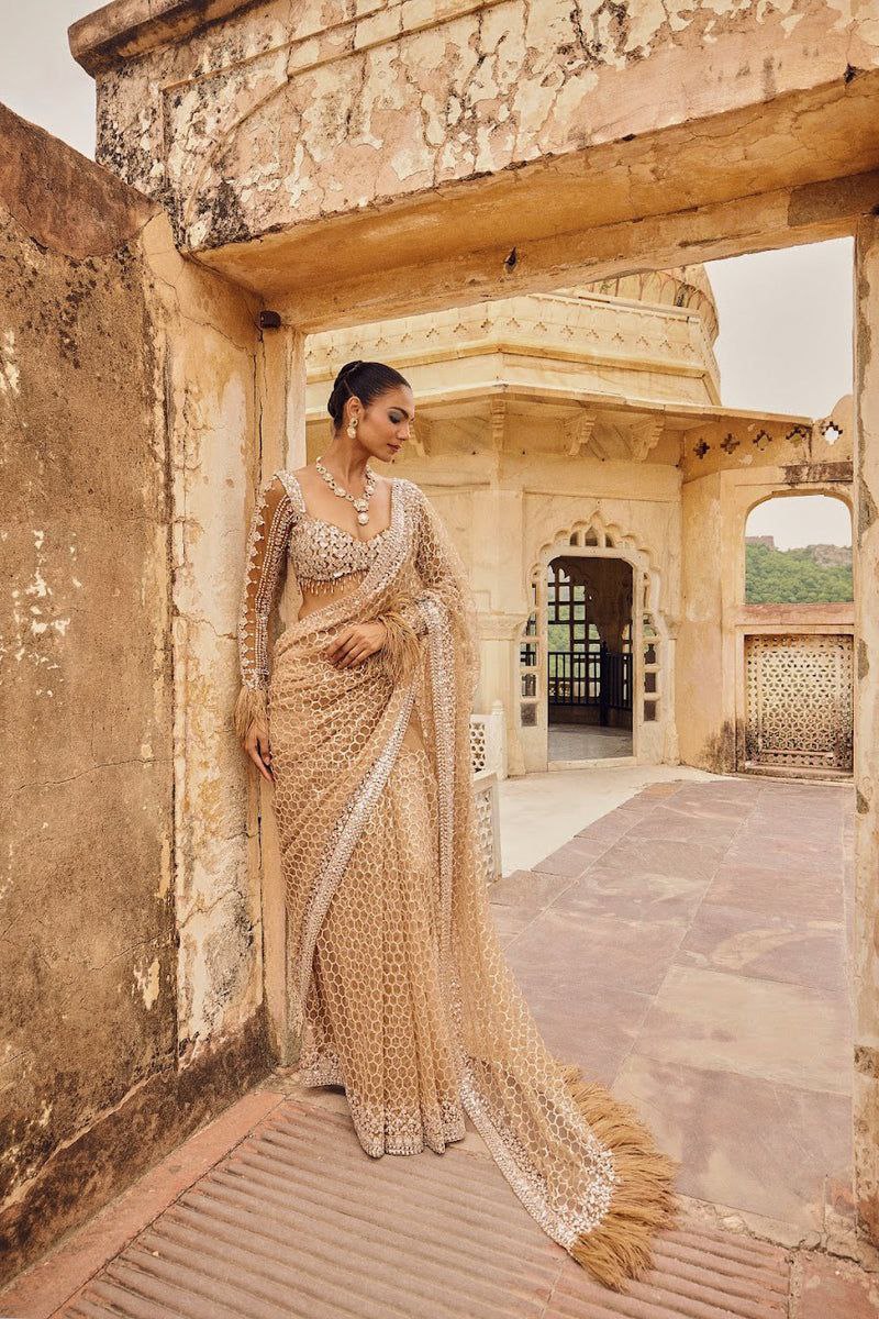 Bollywood Trending Butterfly Net Full Sequins Golden Saree