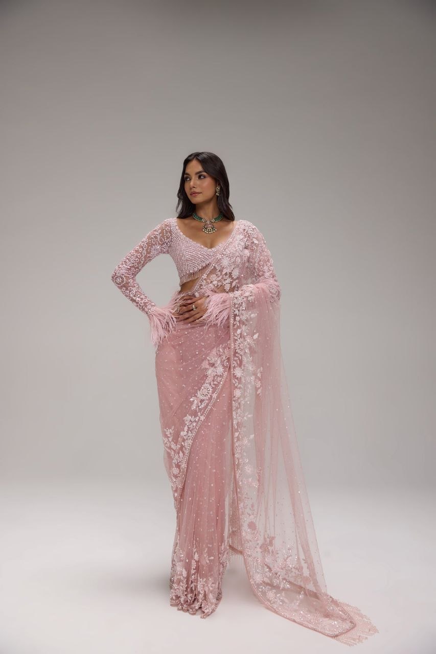 Bollywood Inspired Embroidery Sequins Designer Pink Net Saree