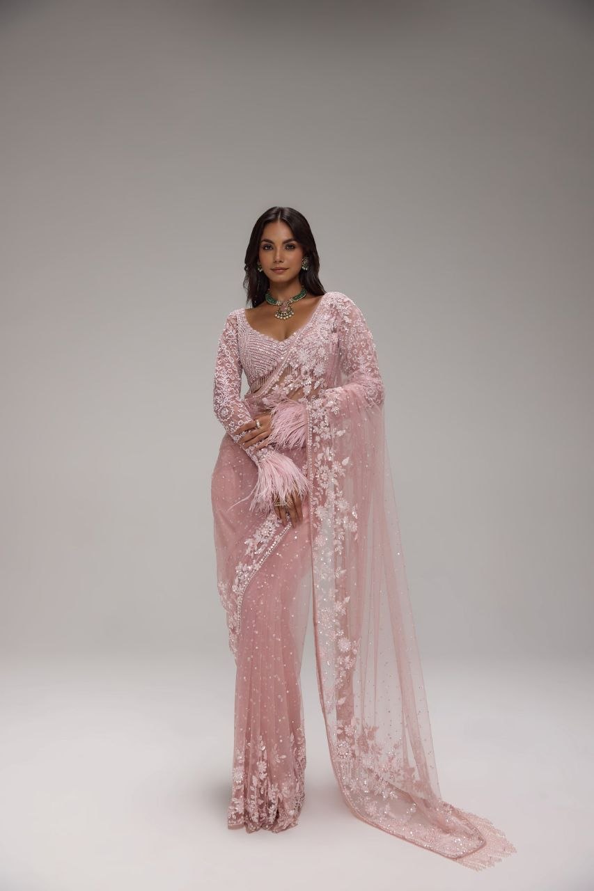 Bollywood Inspired Embroidery Sequins Designer Pink Net Saree