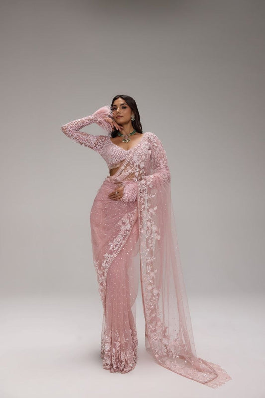 Bollywood Inspired Embroidery Sequins Designer Pink Net Saree