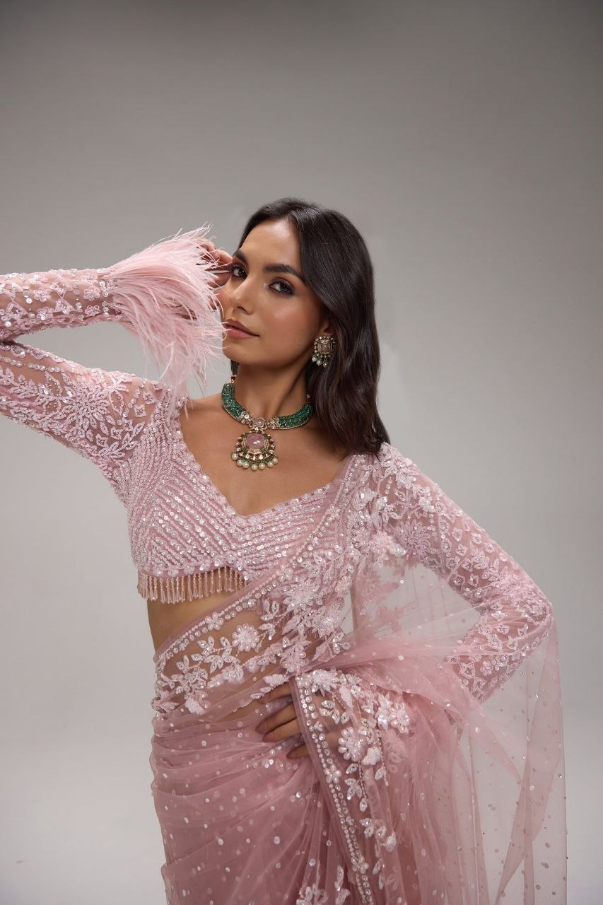 Bollywood Inspired Embroidery Sequins Designer Pink Net Saree