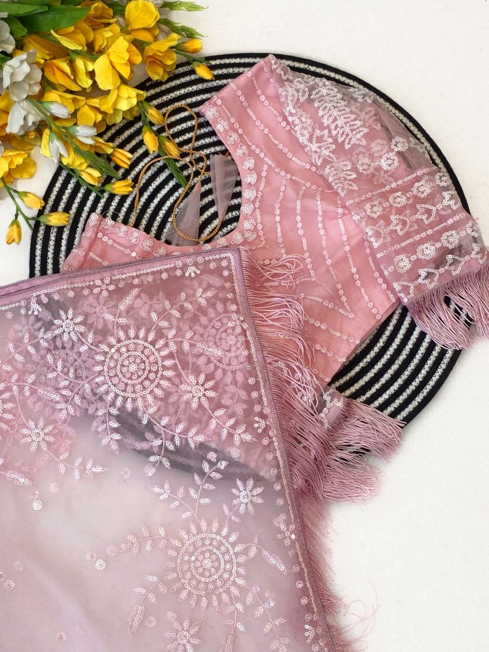Bollywood Inspired Embroidery Sequins Designer Pink Net Saree