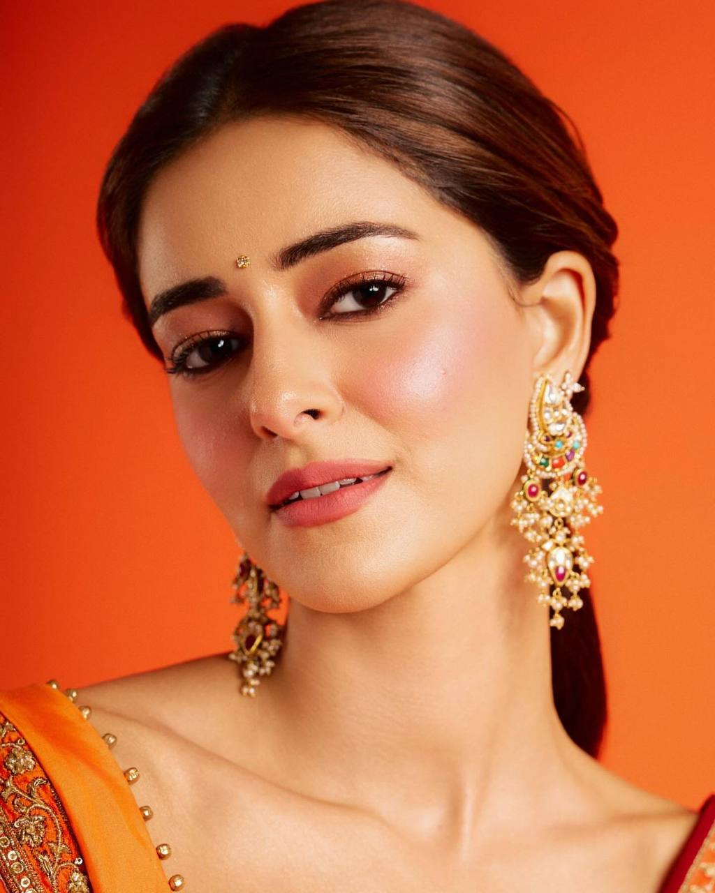 Ananya Panday Inspired Orange Color Perrot Figure Weaving Saree