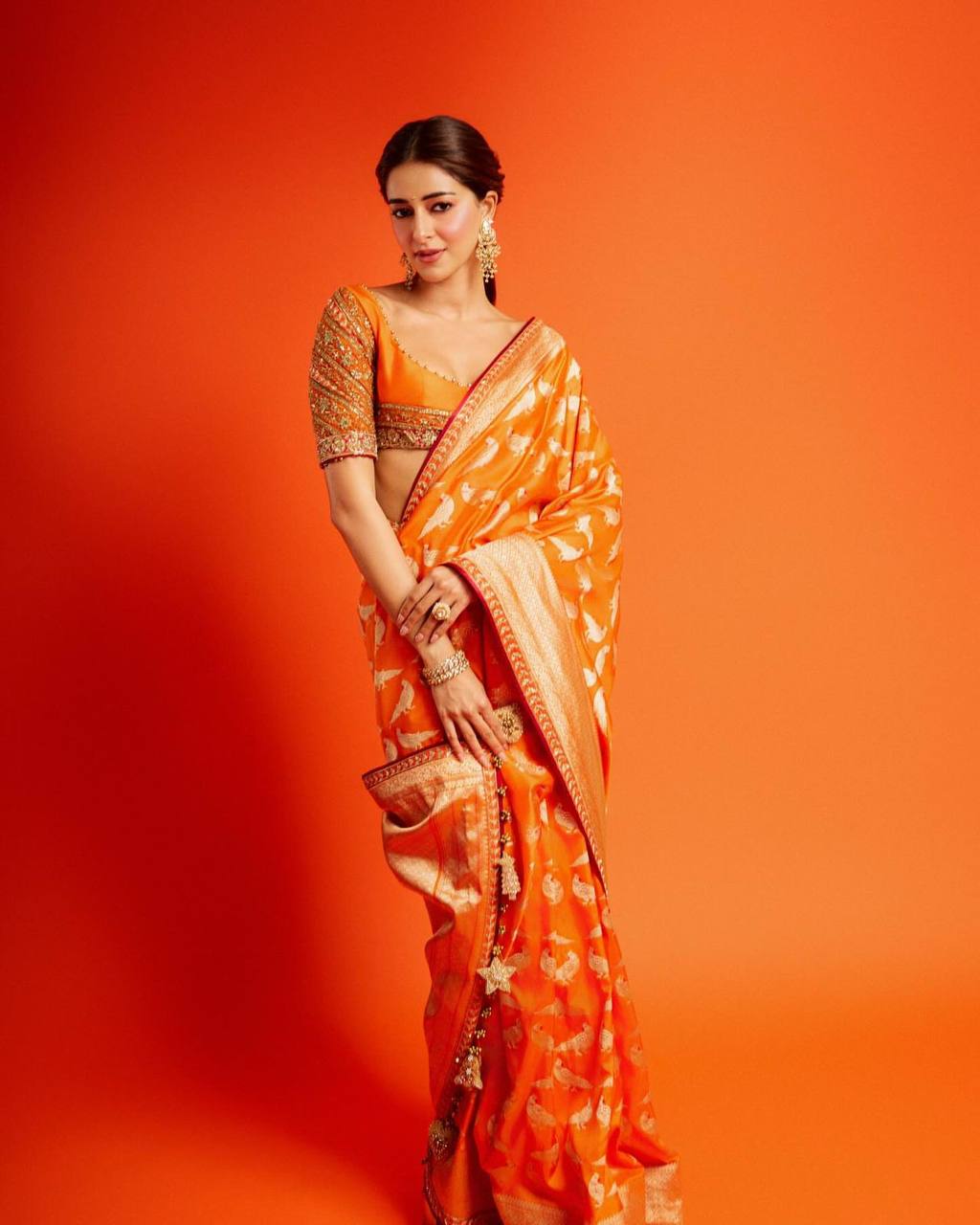 Ananya Panday Inspired Orange Color Perrot Figure Weaving Saree