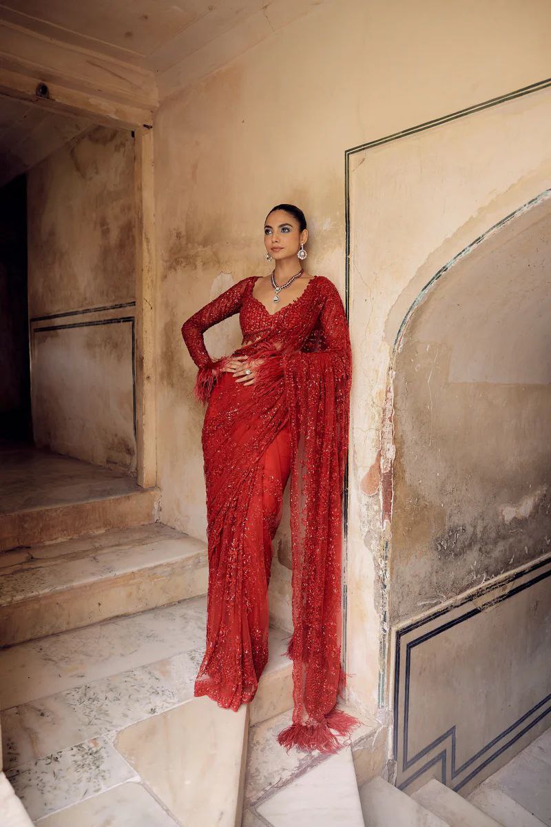 Bollywood Faux Georgette Full Sequins Red Saree