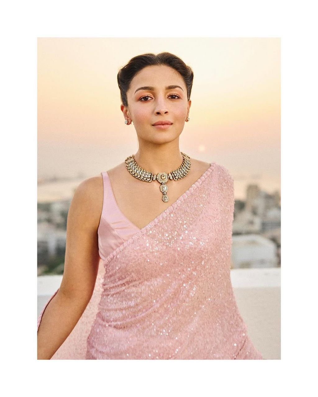 Alia Inspired Georgette Pink Saree Full Sequins Embroidery with Cutwork Lace