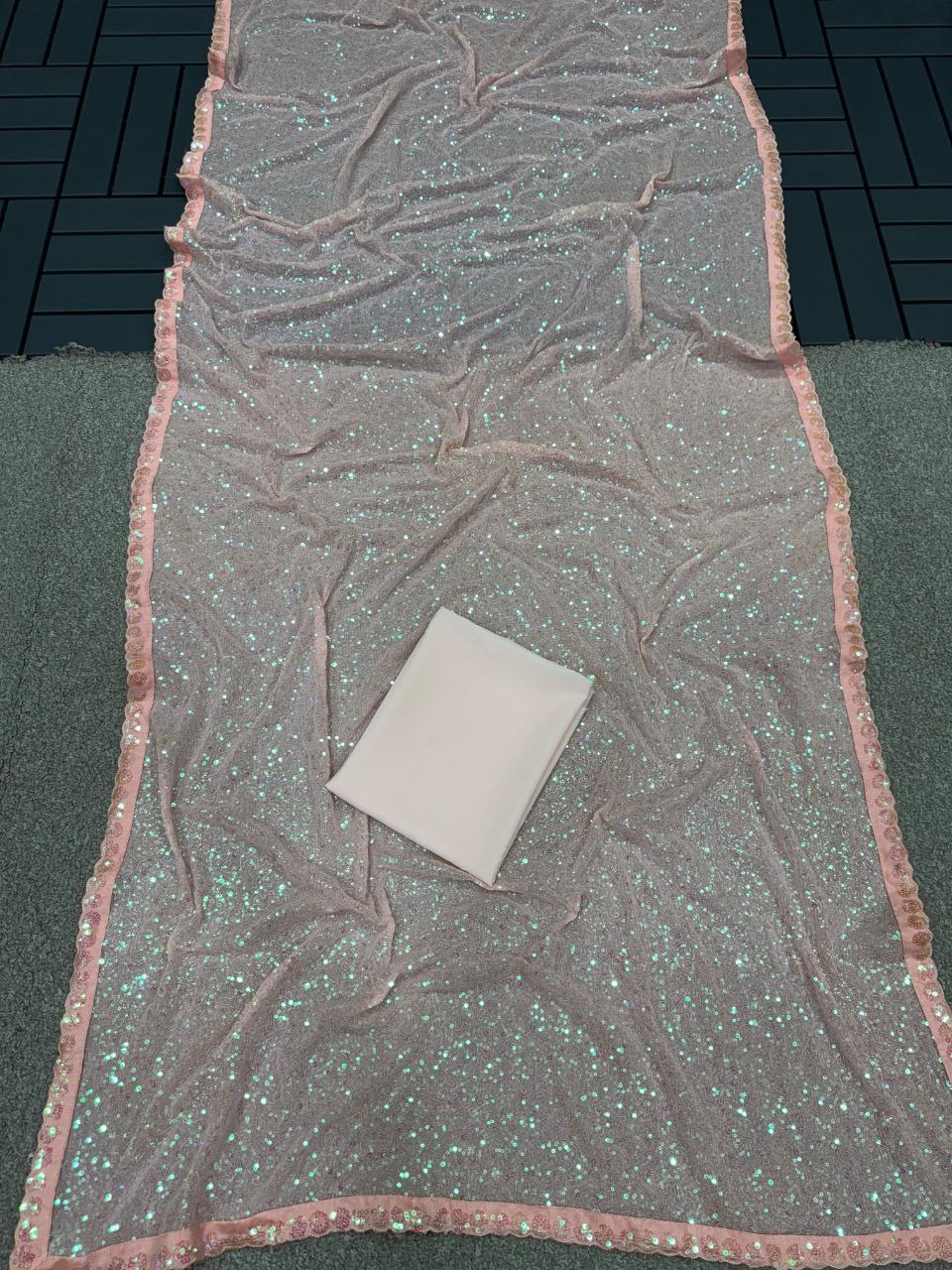 Alia Inspired Georgette Pink Saree Full Sequins Embroidery with Cutwork Lace