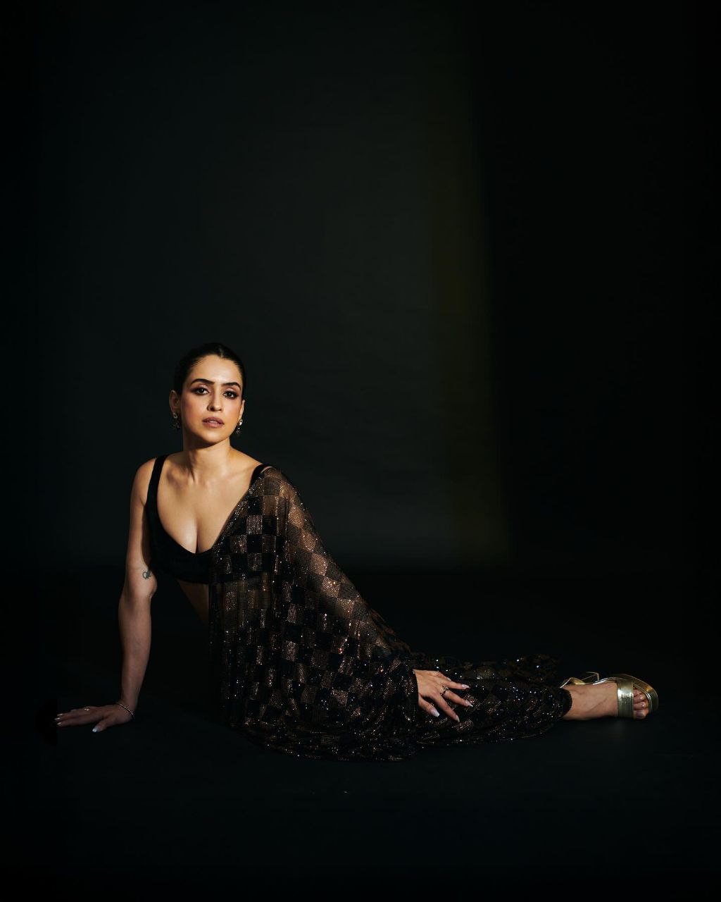 Sanya Inspired Heavy Faux Georgette Full Sequins Black Saree