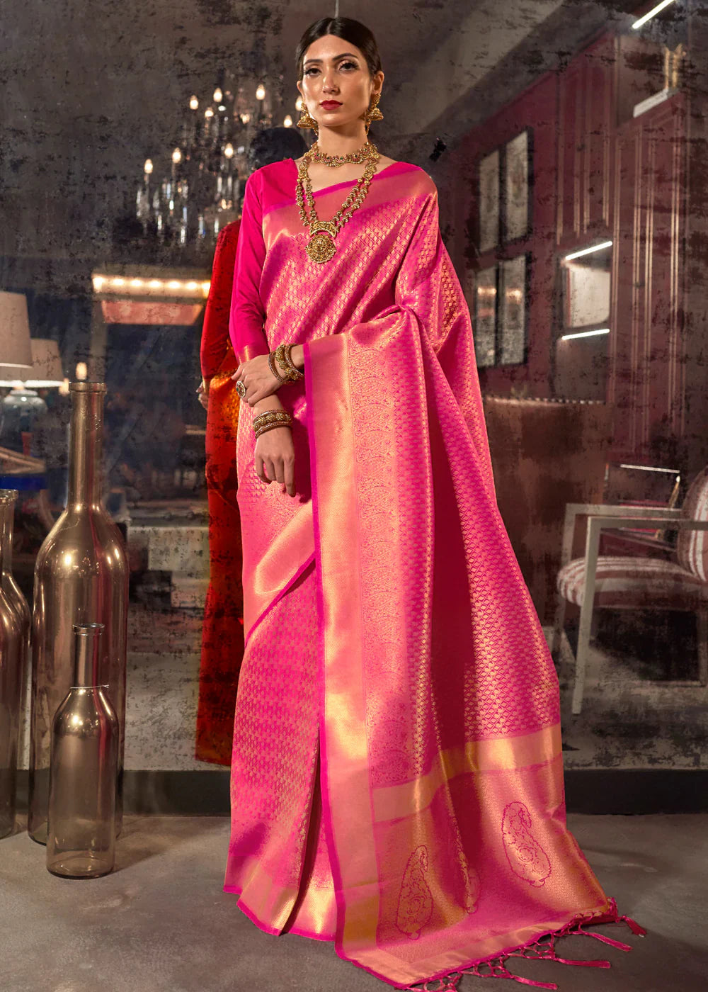 Royal Princess Golden Pink Woven Kanjivaram Saree