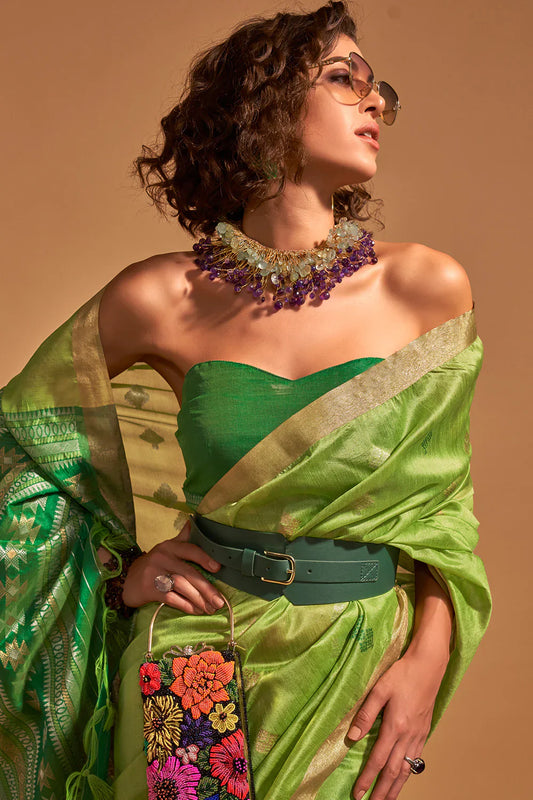 Parrot Green Banarasi Silk Saree
