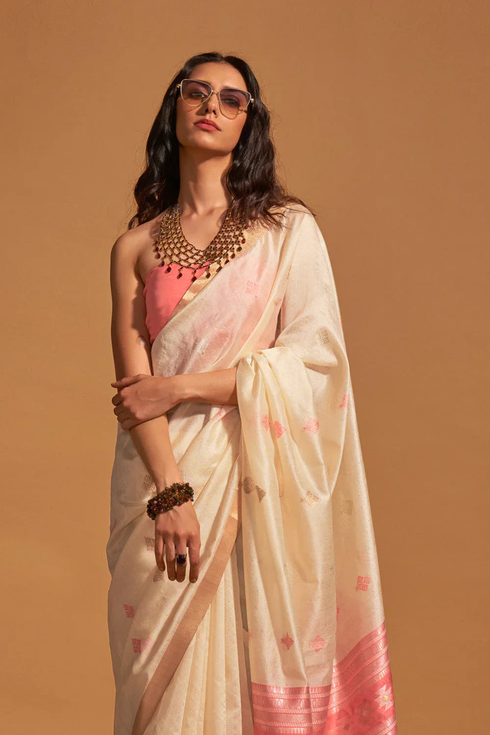 Off White Banarasi Silk Saree