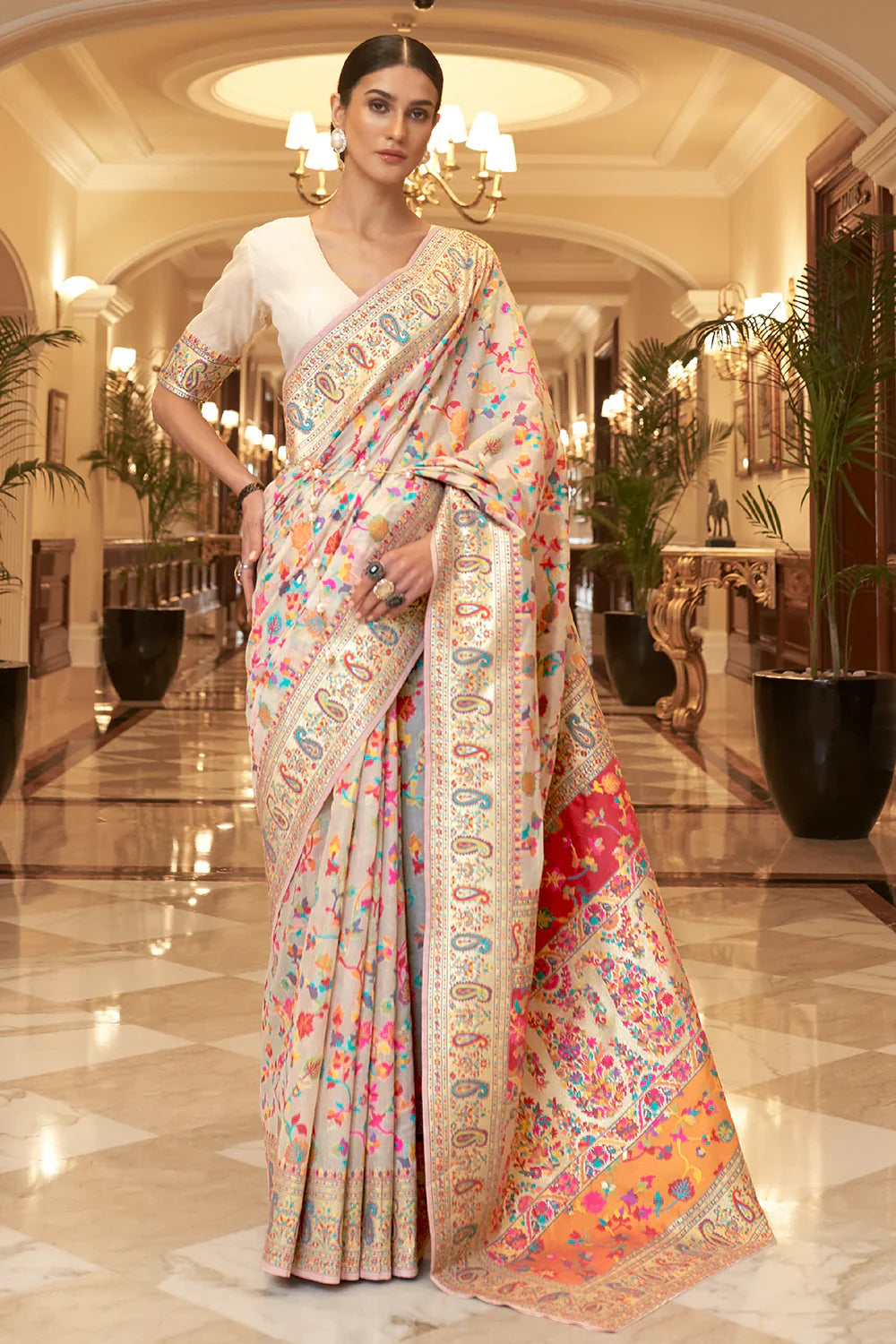 Cosmic White Pashmina Saree
