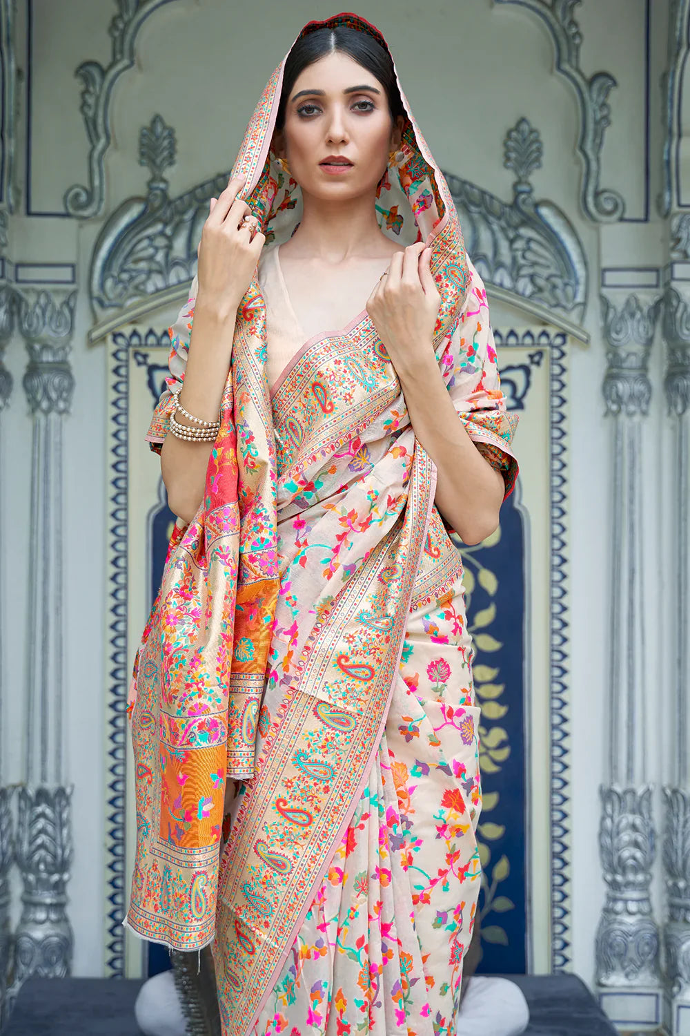 Pearl White Pashmina Saree