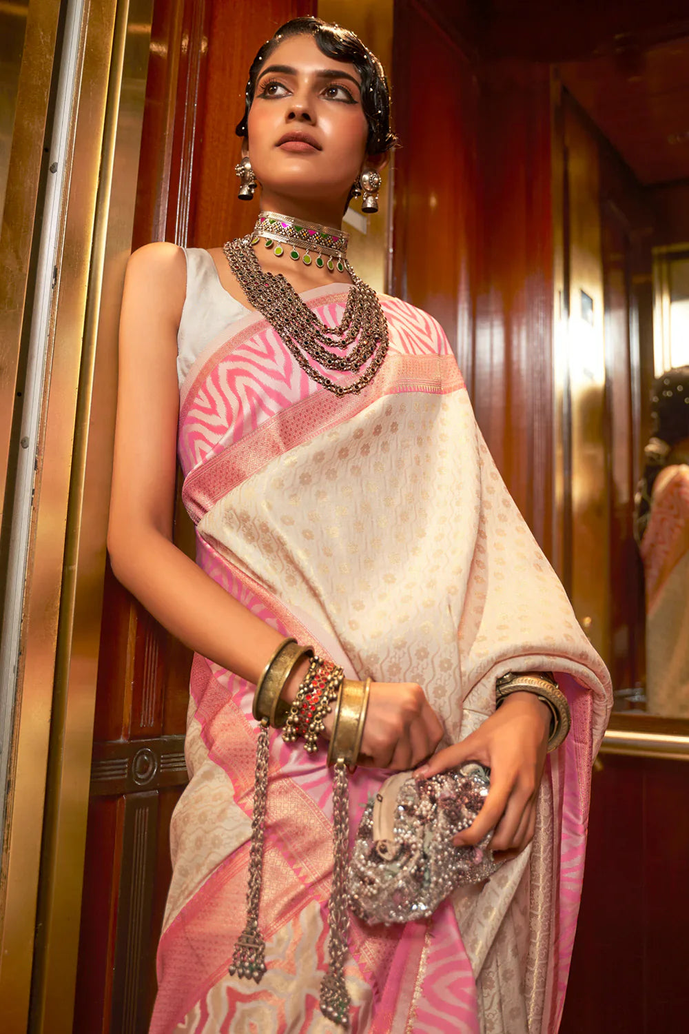 White And Pink Kanjivaram Saree