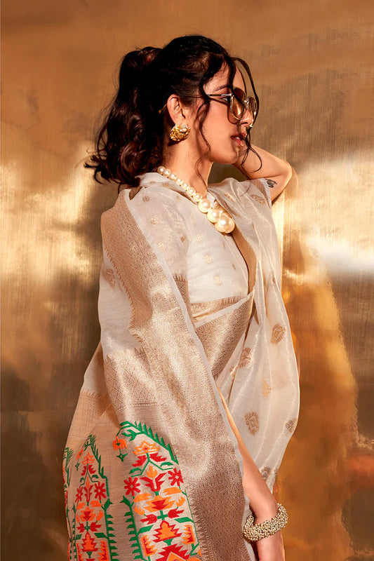 Off White Paithani Silk Saree