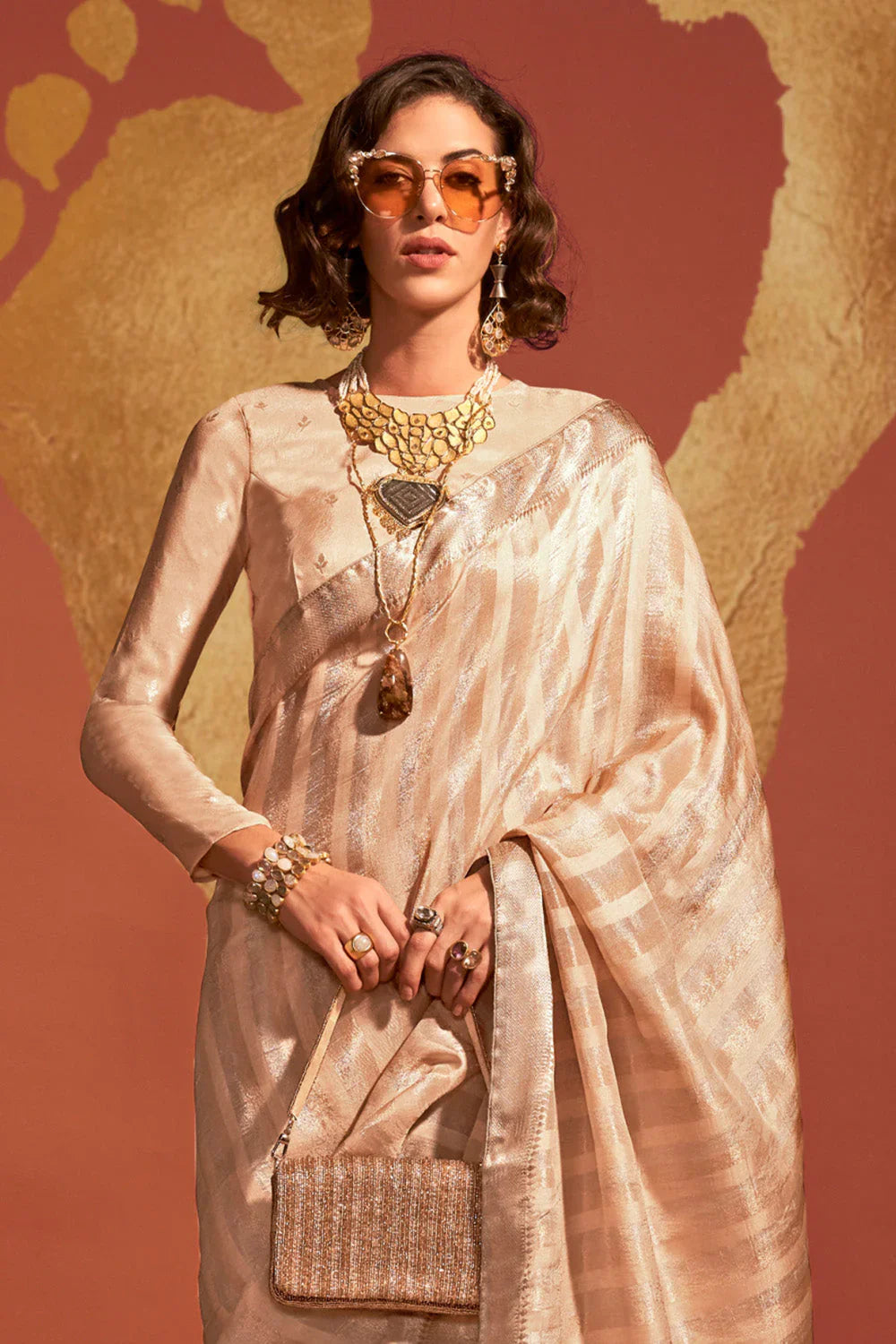 Cream Banarasi Silk Viscose Saree With Blouse Piec