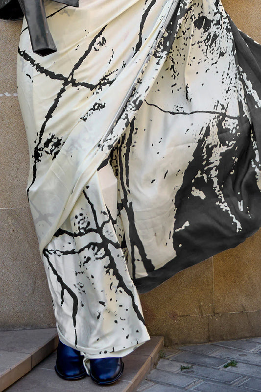 Black And White Digital Printed Saree