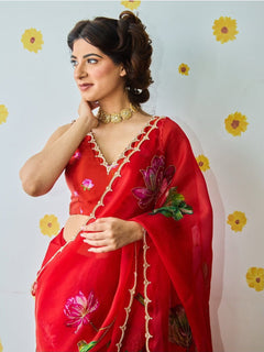 Bollywood Inspired Red Tebi Silk Saree With Designer Handwork