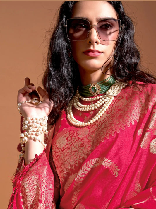 Red Banarasi Saree With Heavy Blouse