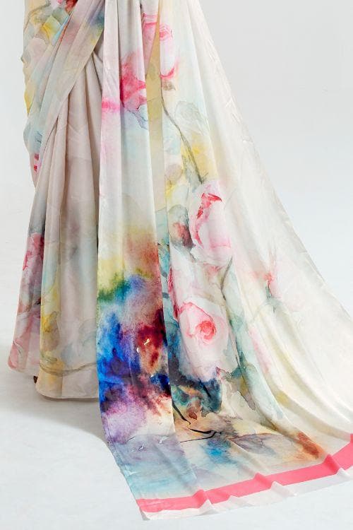 Pink And White Satin Crepe Saree