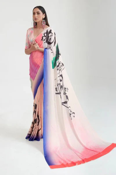 Cream And Pink Satin Crepe Saree
