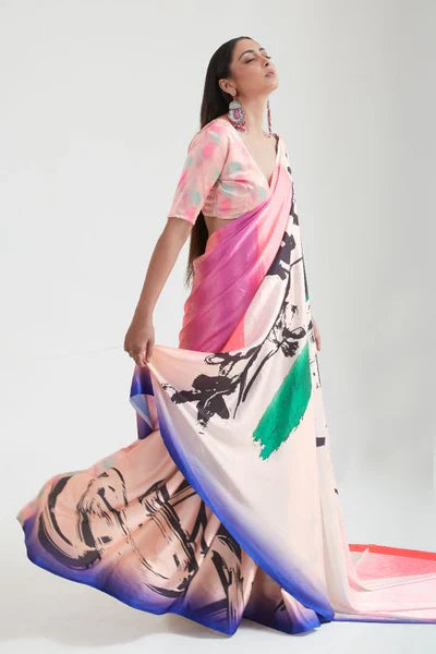Cream And Pink Satin Crepe Saree