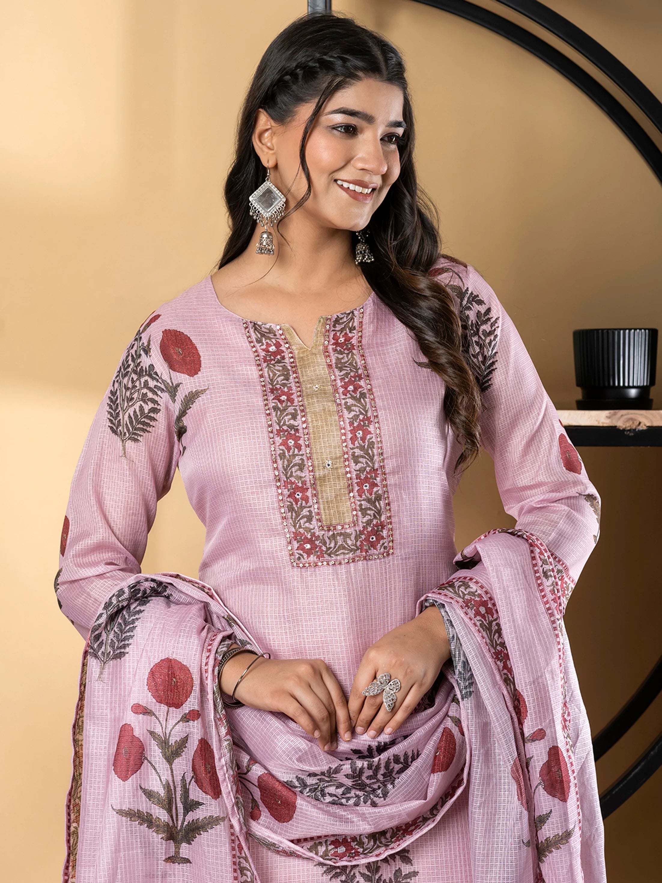 Pink Floral Printed Kota Doria Suit