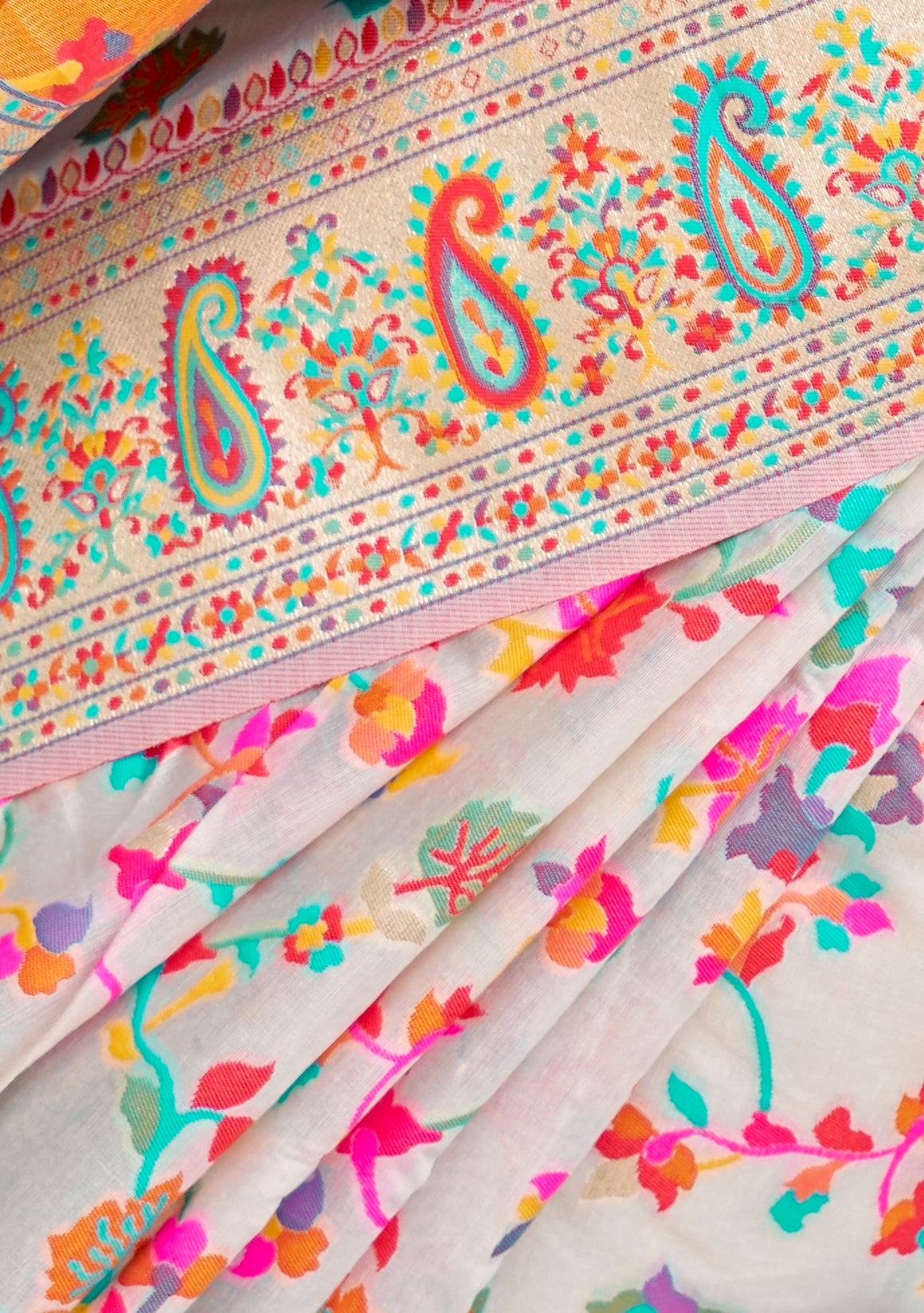 Rajwadi Pashmina White Floral banarasi Silk Saree
