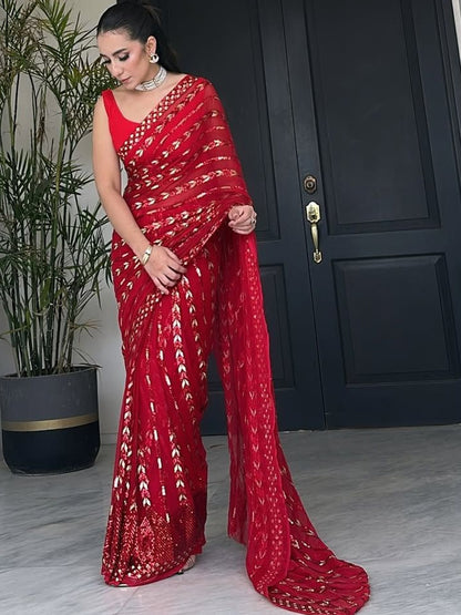 Bollywood Inspired Metallic Red Georgette Saree with Sequins