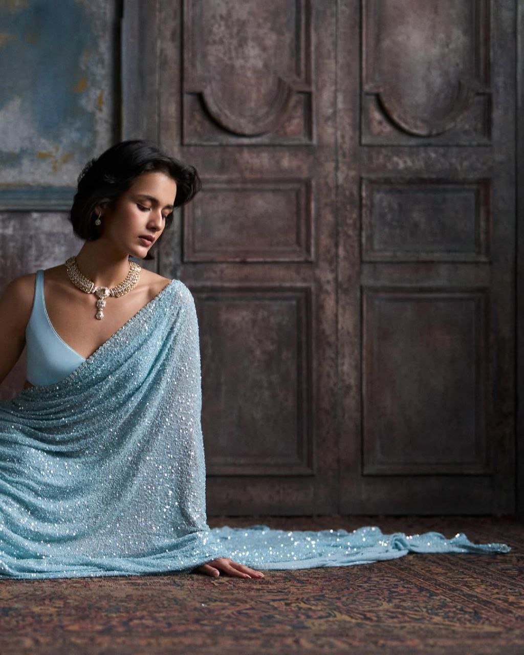Bollywood Inspired Sky Blue Sequin Saree with Border Detailing